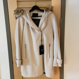 Andrew Marc Cream Hooded Coat with Faux Fur Trim
